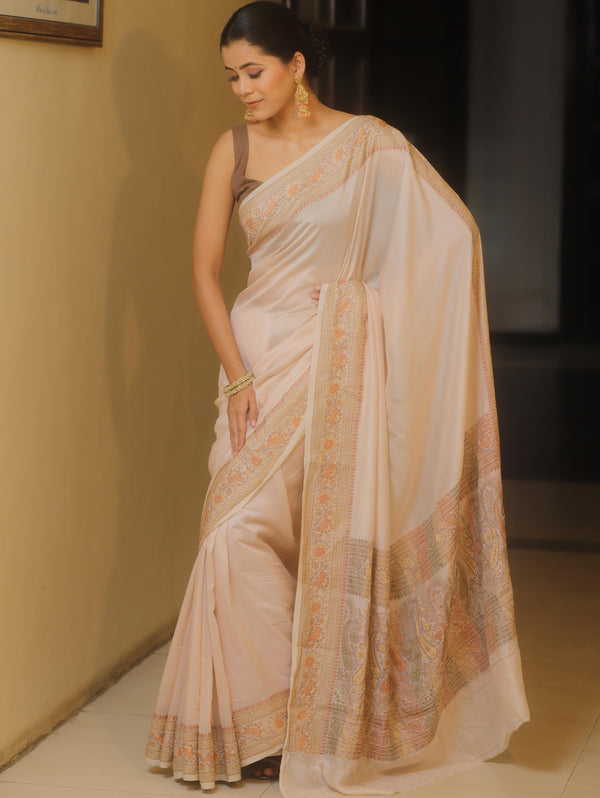 Banarasee Handloom Pure Butter Silk Saree With Resham Zari Border-Champagne