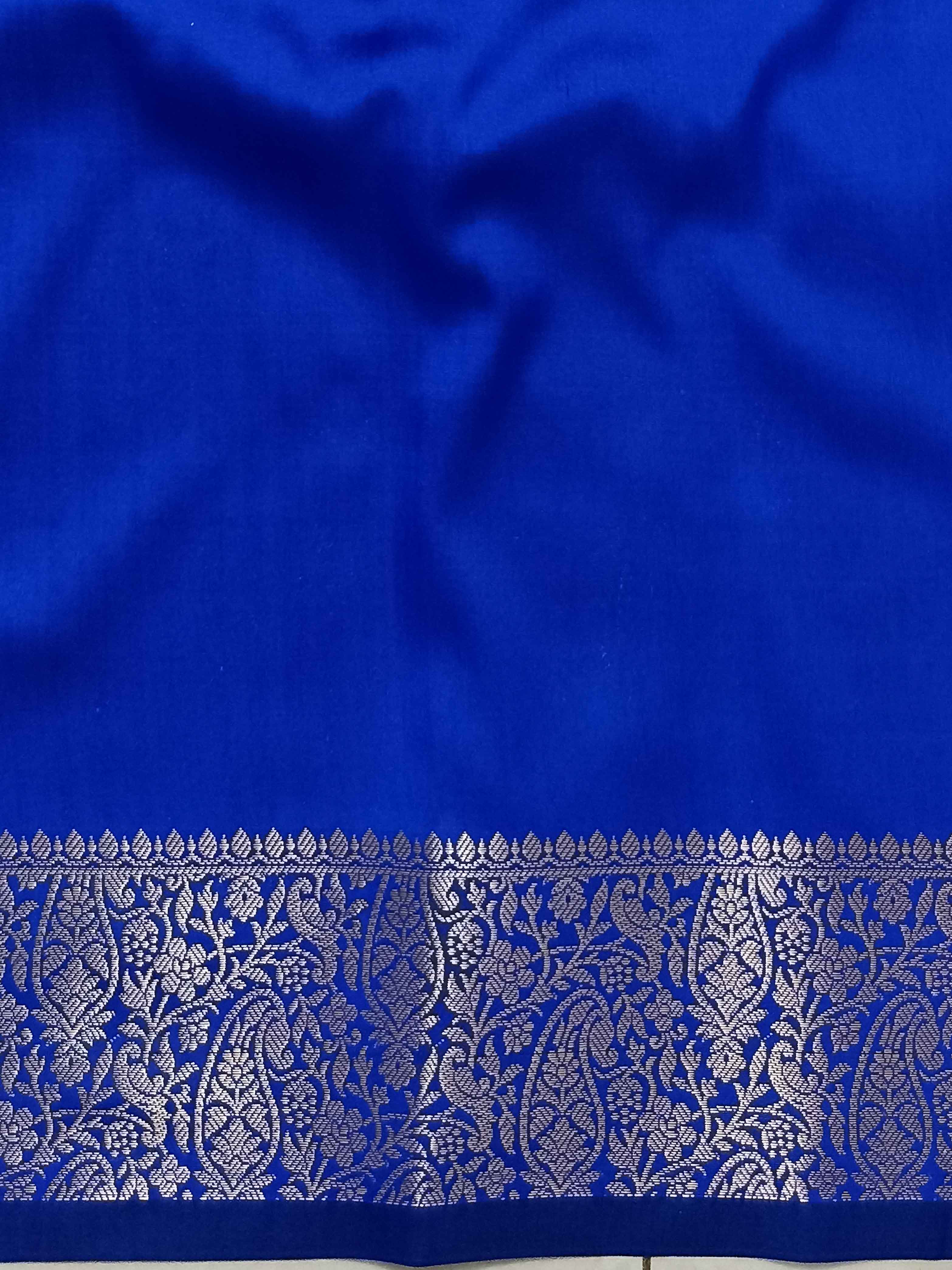 Banarasee Handwoven Semi Silk Saree With Zari Border Design-Royal Blue