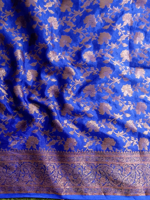 Banarasee Handwoven Semi Silk Plain Saree With Zari Border-Blue