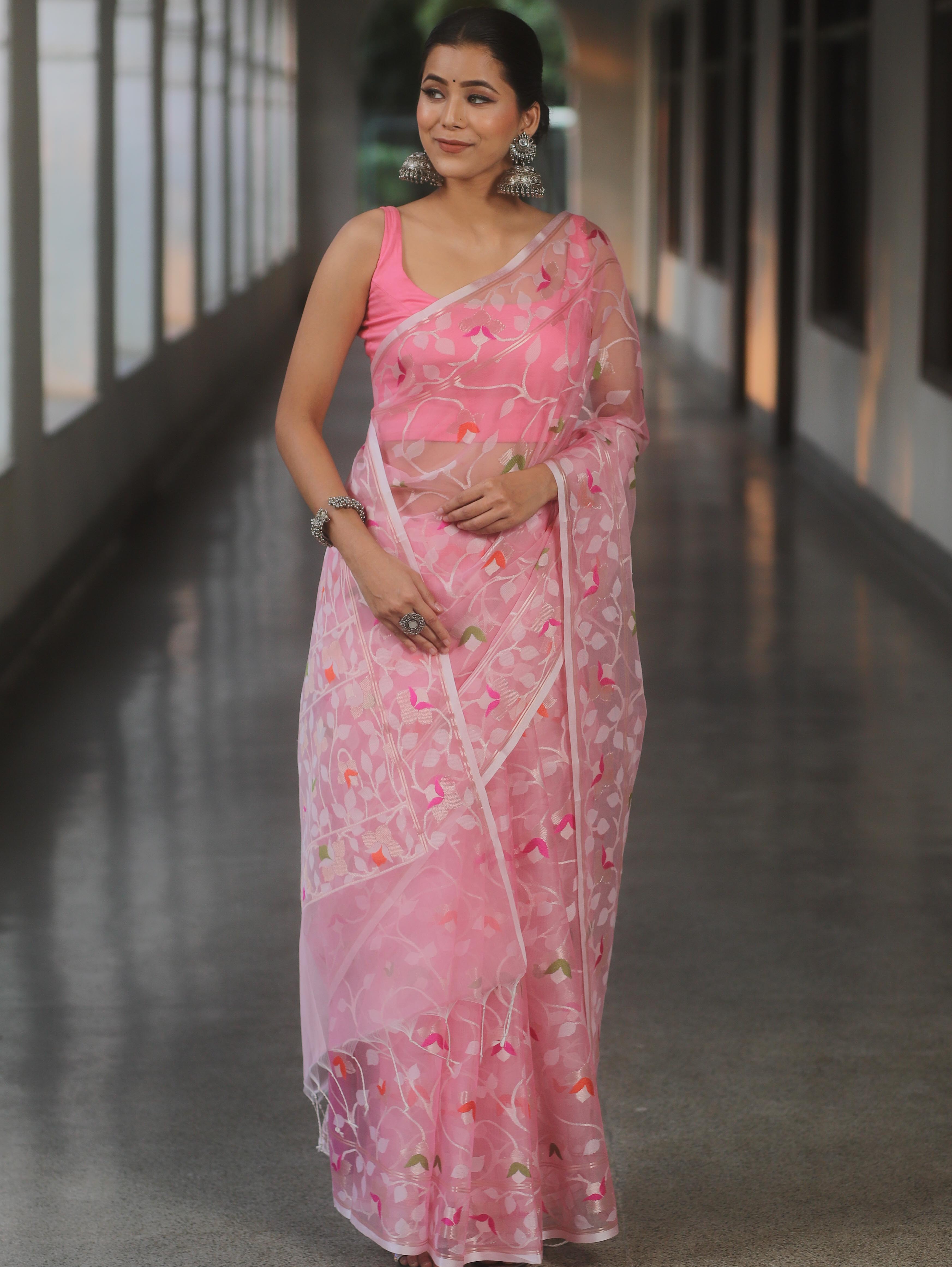 Banarasee Organza Saree With Zari Jaal Design-Pink