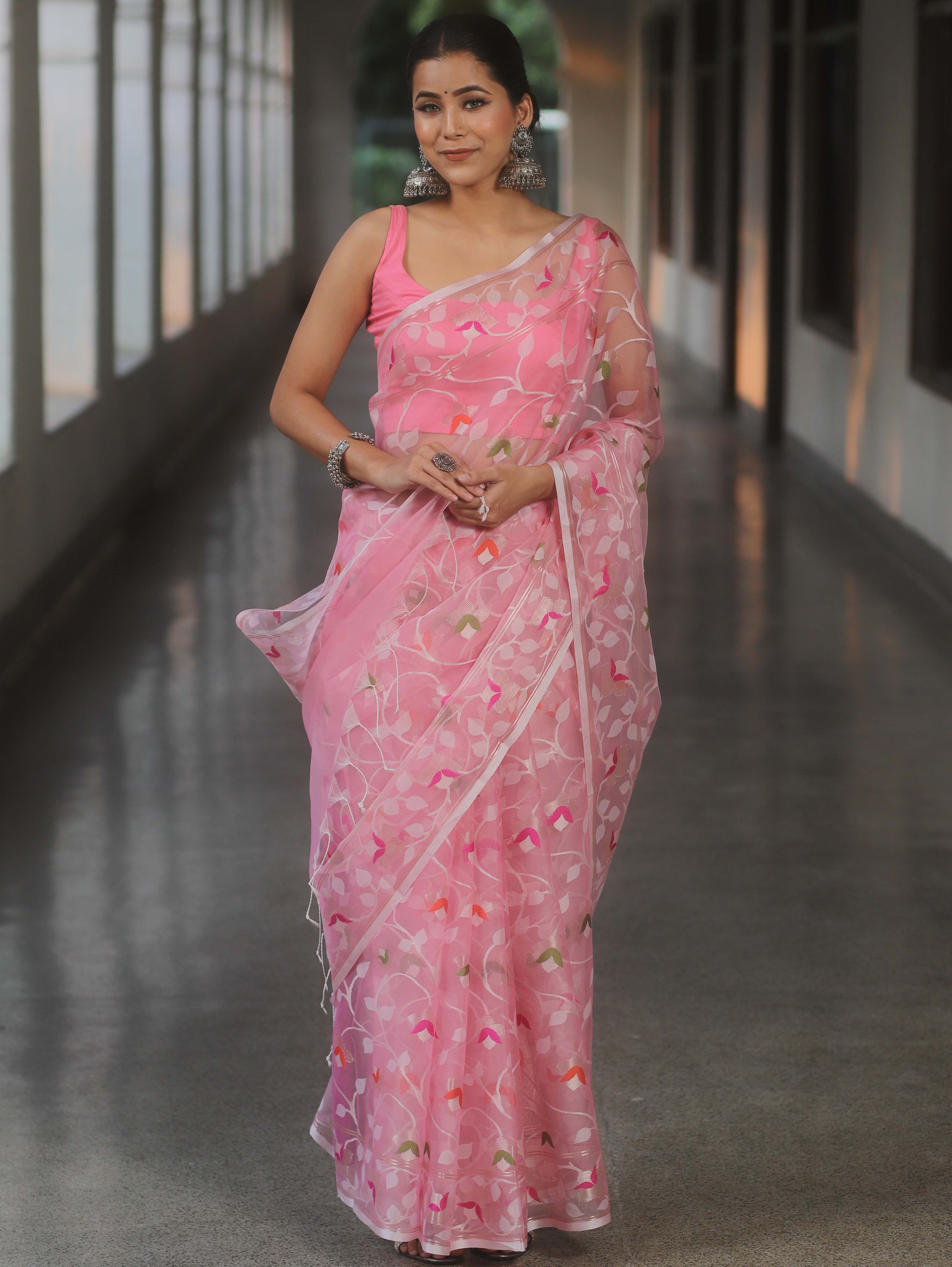 Banarasee Organza Saree With Zari Jaal Design-Pink