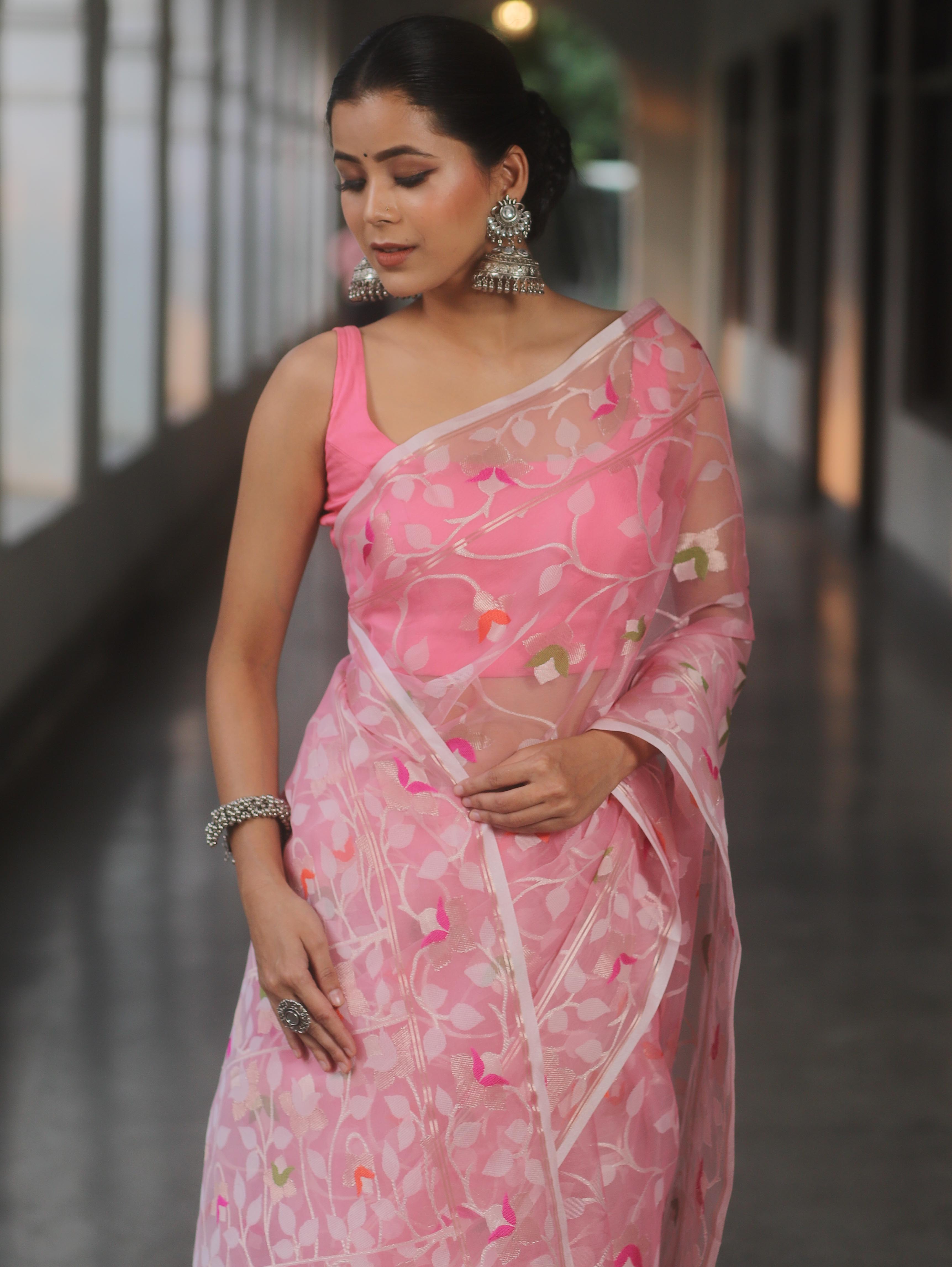 Banarasee Organza Saree With Zari Jaal Design-Pink