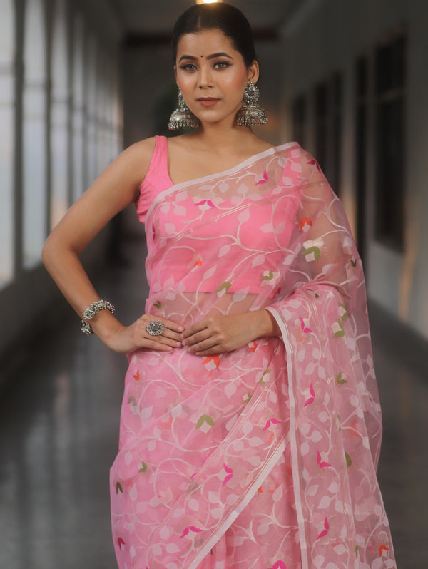 Banarasee Organza Saree With Zari Jaal Design-Pink