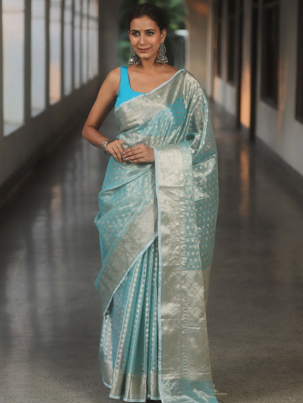 Banarasee Handwoven Tissue Saree With Zari Buta-Pastel Blue