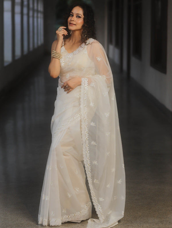 Banarasee Organza Saree With Embroidery Buta & Border-White