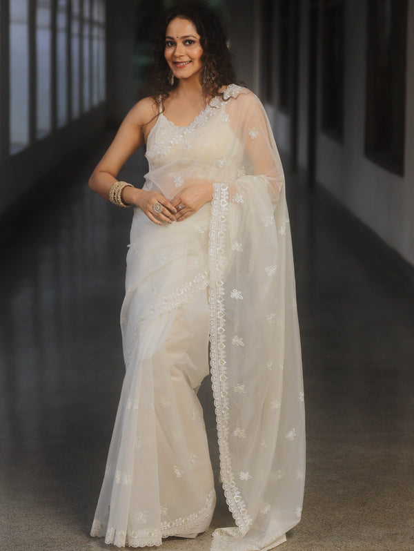 Banarasee Organza Saree With Embroidery Buta & Border-White