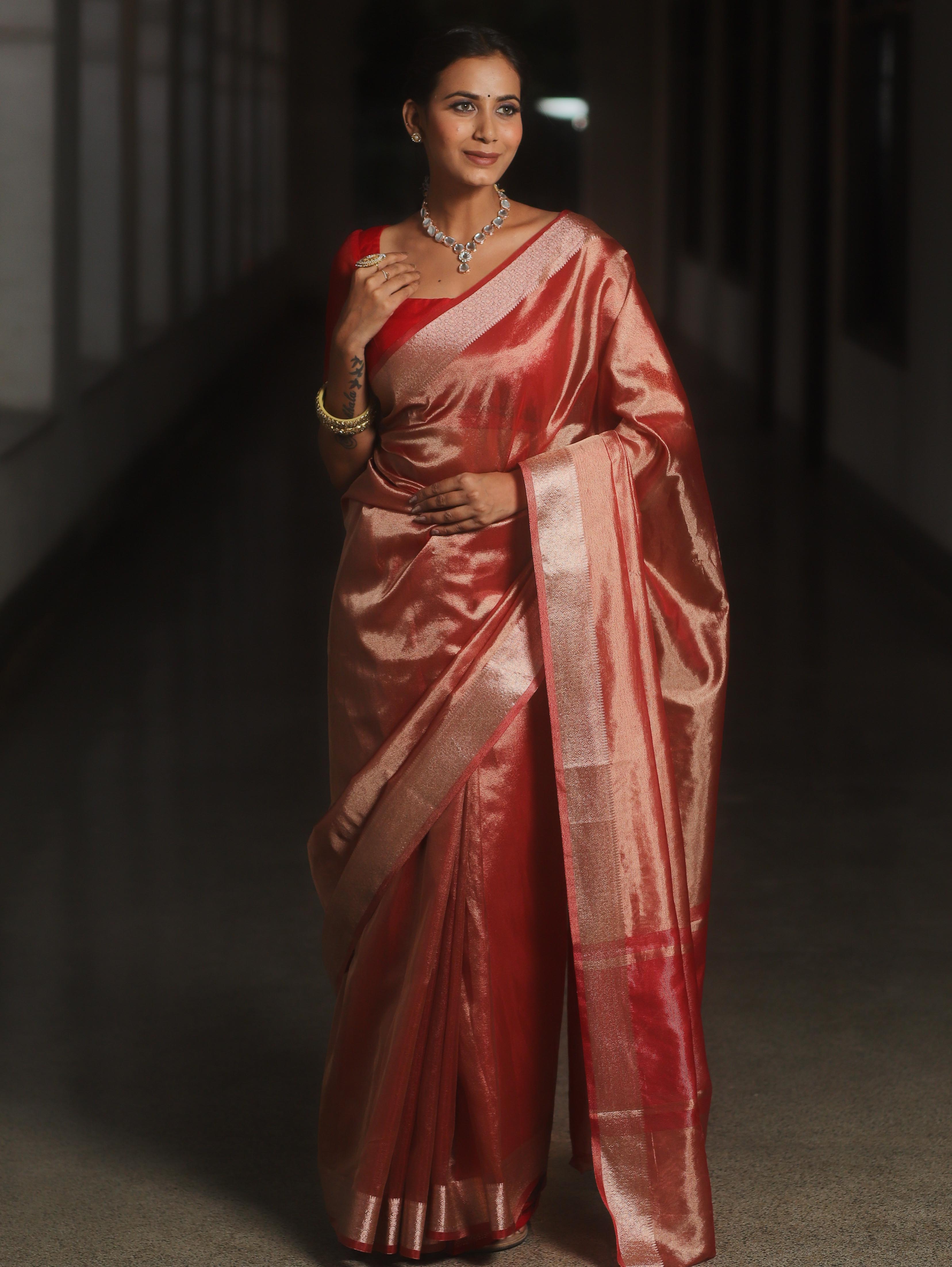 Banarasee Handwoven Plain Tissue Zari Border Saree-Red