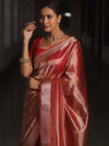 Banarasee Handwoven Plain Tissue Zari Border Saree-Red