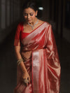 Banarasee Handwoven Plain Tissue Zari Border Saree-Red