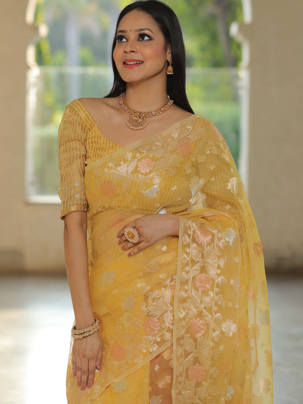 Banarasee Kora Muslin Saree With Zari Jamdani Weaving-Yellow