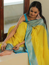 Banarasee Semi-Katan Zari Buta & Contrast Border Saree-Yellow & Blue