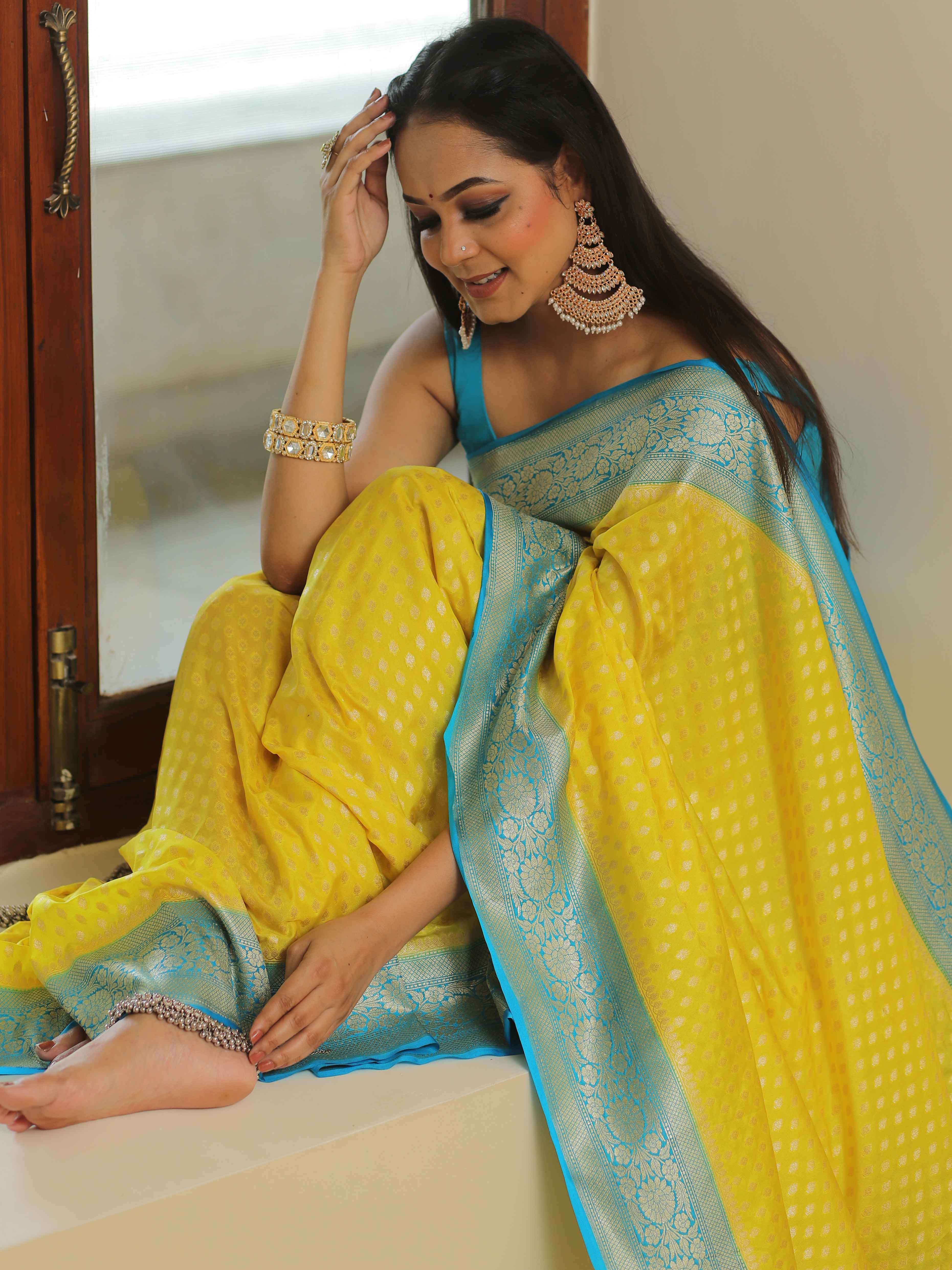 Banarasee Semi-Katan Zari Buta & Contrast Border Saree-Yellow & Blue