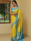 Banarasee Semi-Katan Zari Buta & Contrast Border Saree-Yellow & Blue