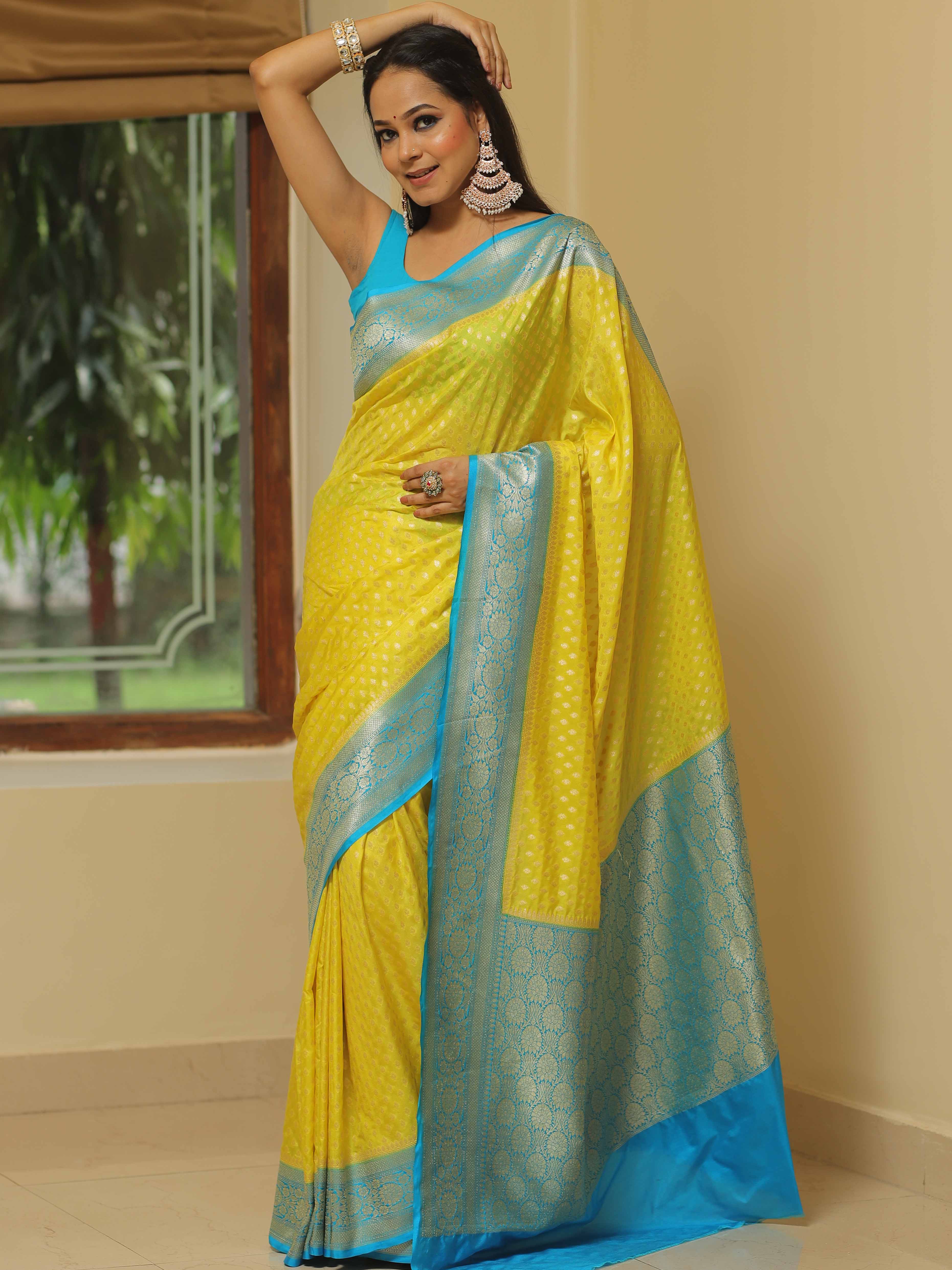 Banarasee Semi-Katan Zari Buta & Contrast Border Saree-Yellow & Blue