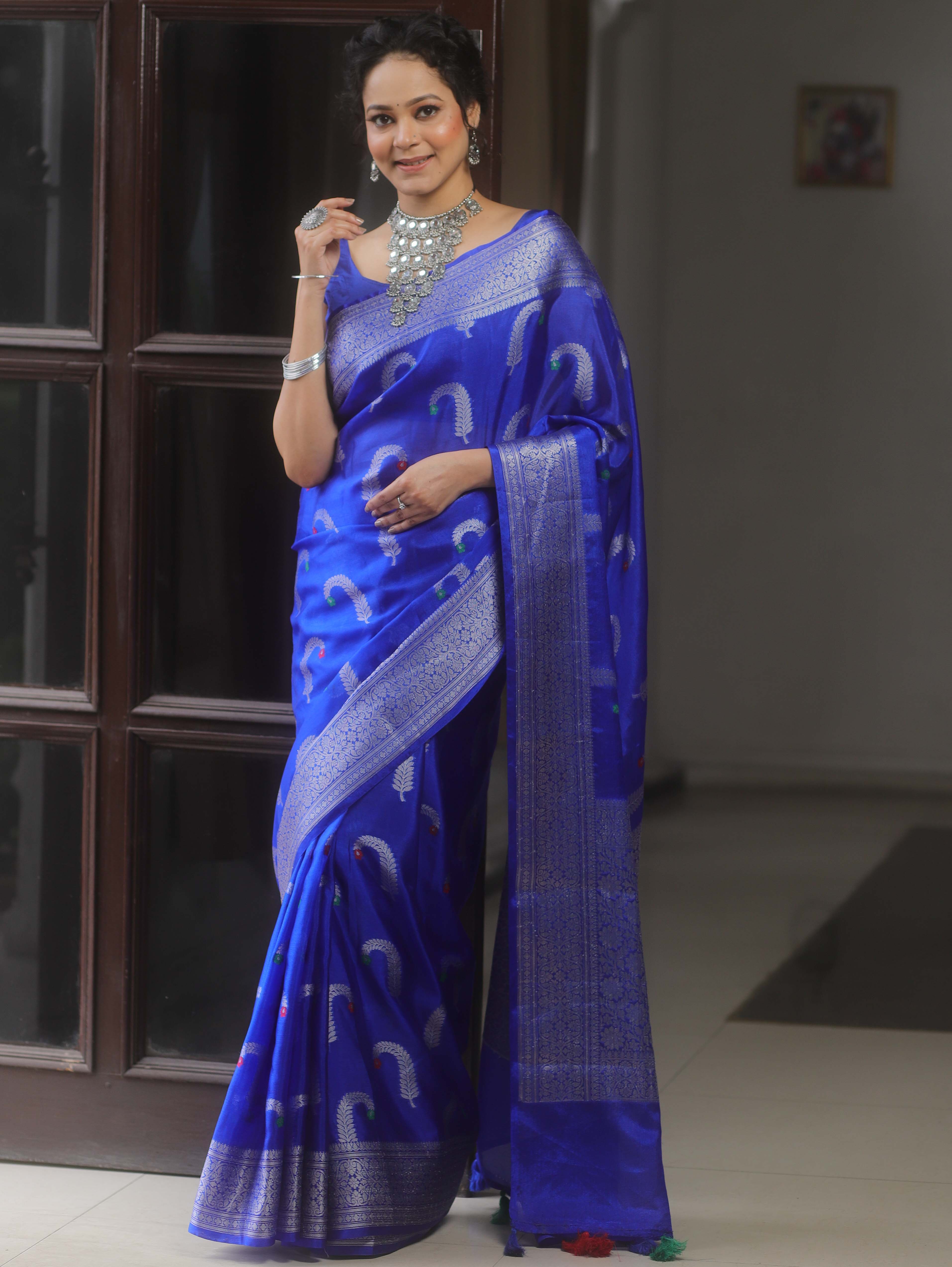 Banarasee Handwoven Semi Silk Saree With Zari Border-Royal Blue