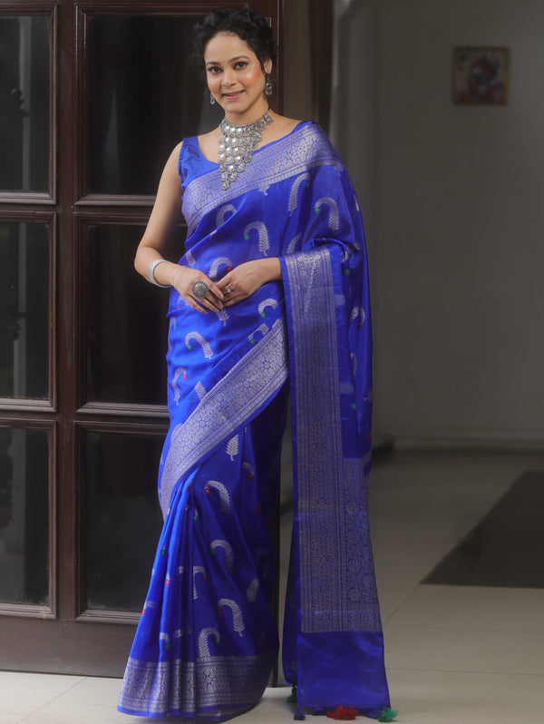 Banarasee Handwoven Semi Silk Saree With Zari Border-Royal Blue