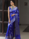 Banarasee Handwoven Semi Silk Saree With Zari Border-Royal Blue