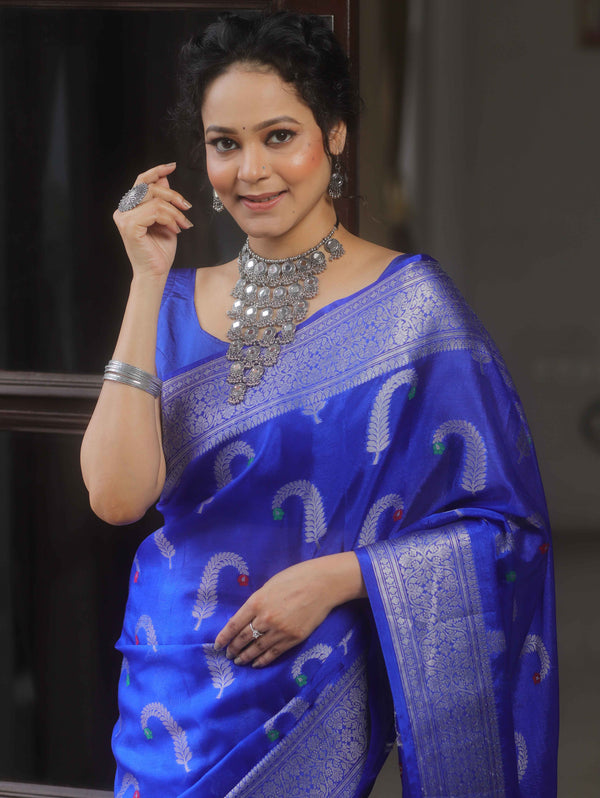 Banarasee Handwoven Semi Silk Saree With Zari Border-Royal Blue