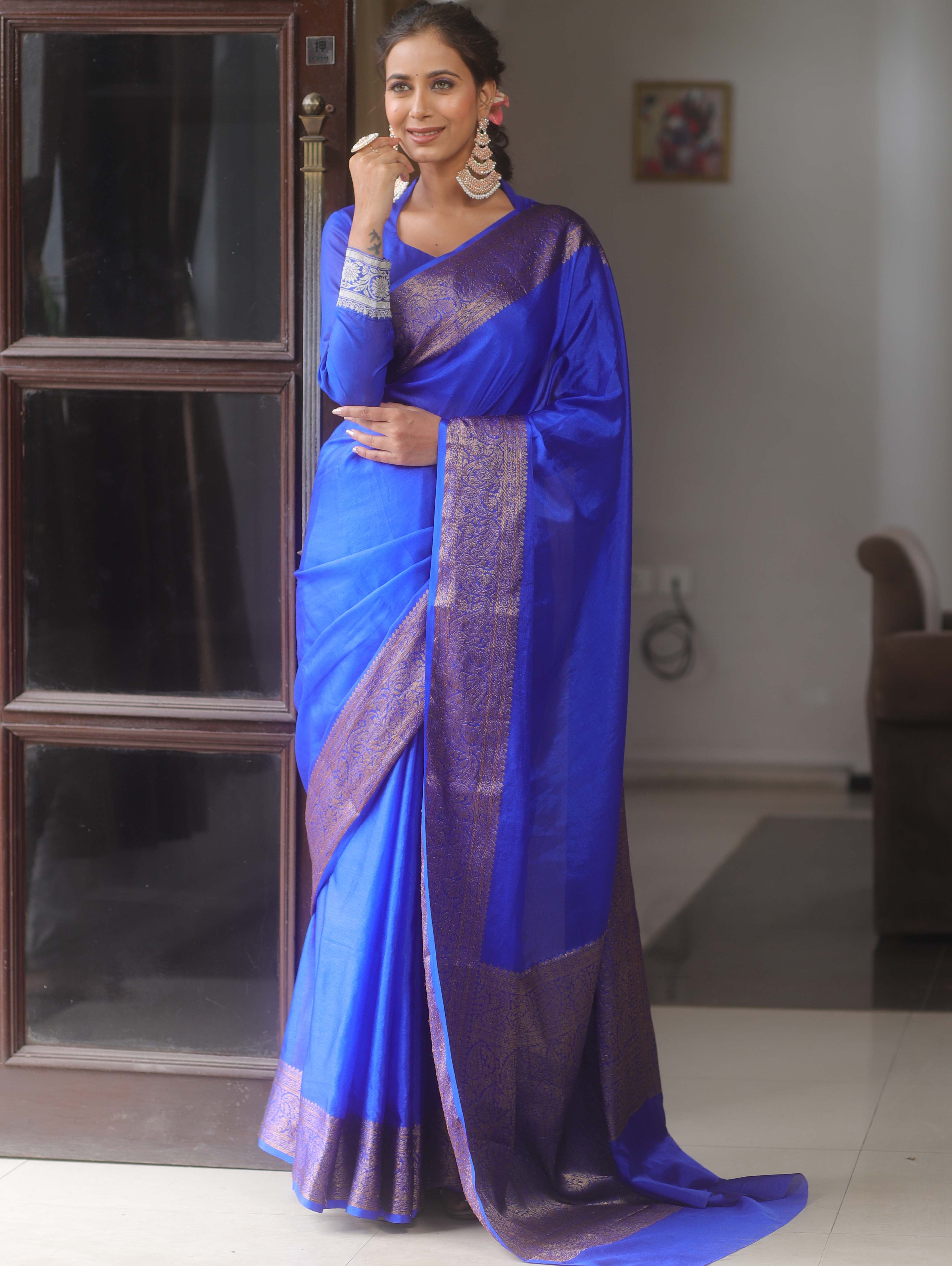 Banarasee Handwoven Semi Silk Plain Saree With Zari Border-Blue