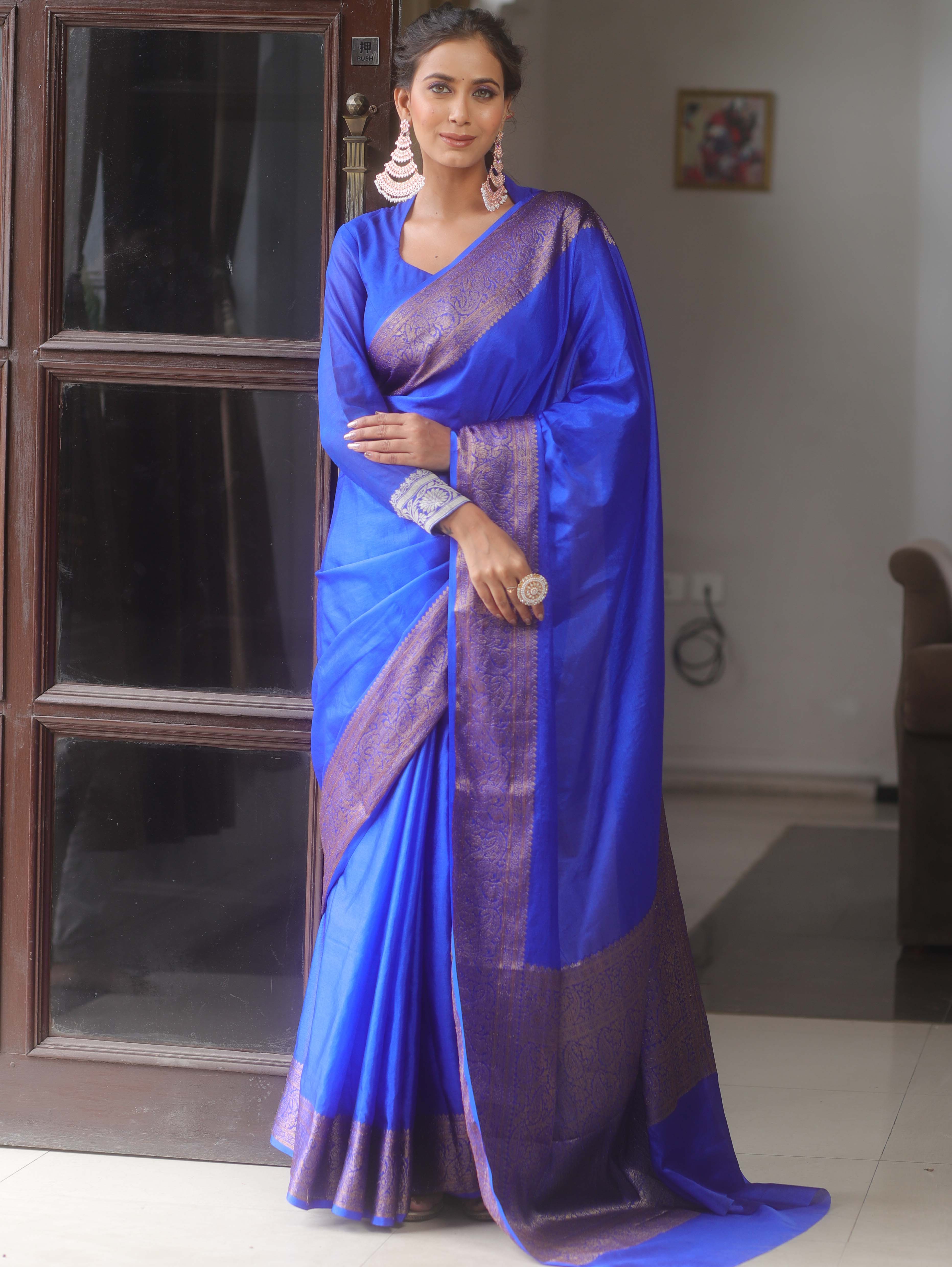 Banarasee Handwoven Semi Silk Plain Saree With Zari Border-Blue