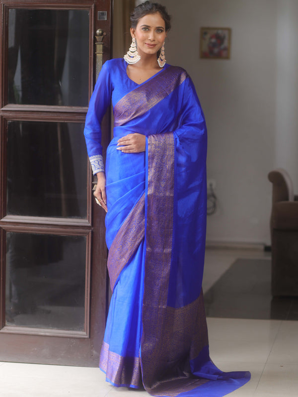 Banarasee Handwoven Semi Silk Plain Saree With Zari Border-Blue