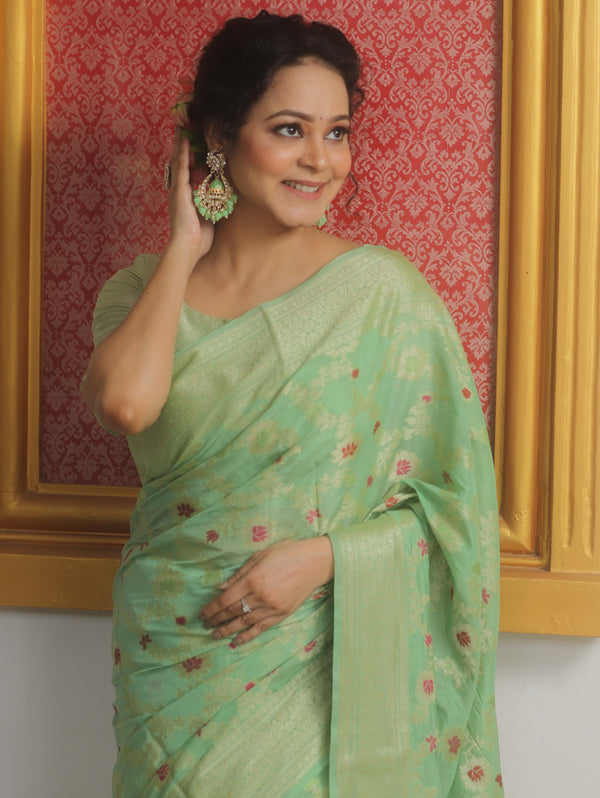 Banarasee Cotton Silk Saree Zari Jaal Design & Border-Light Green