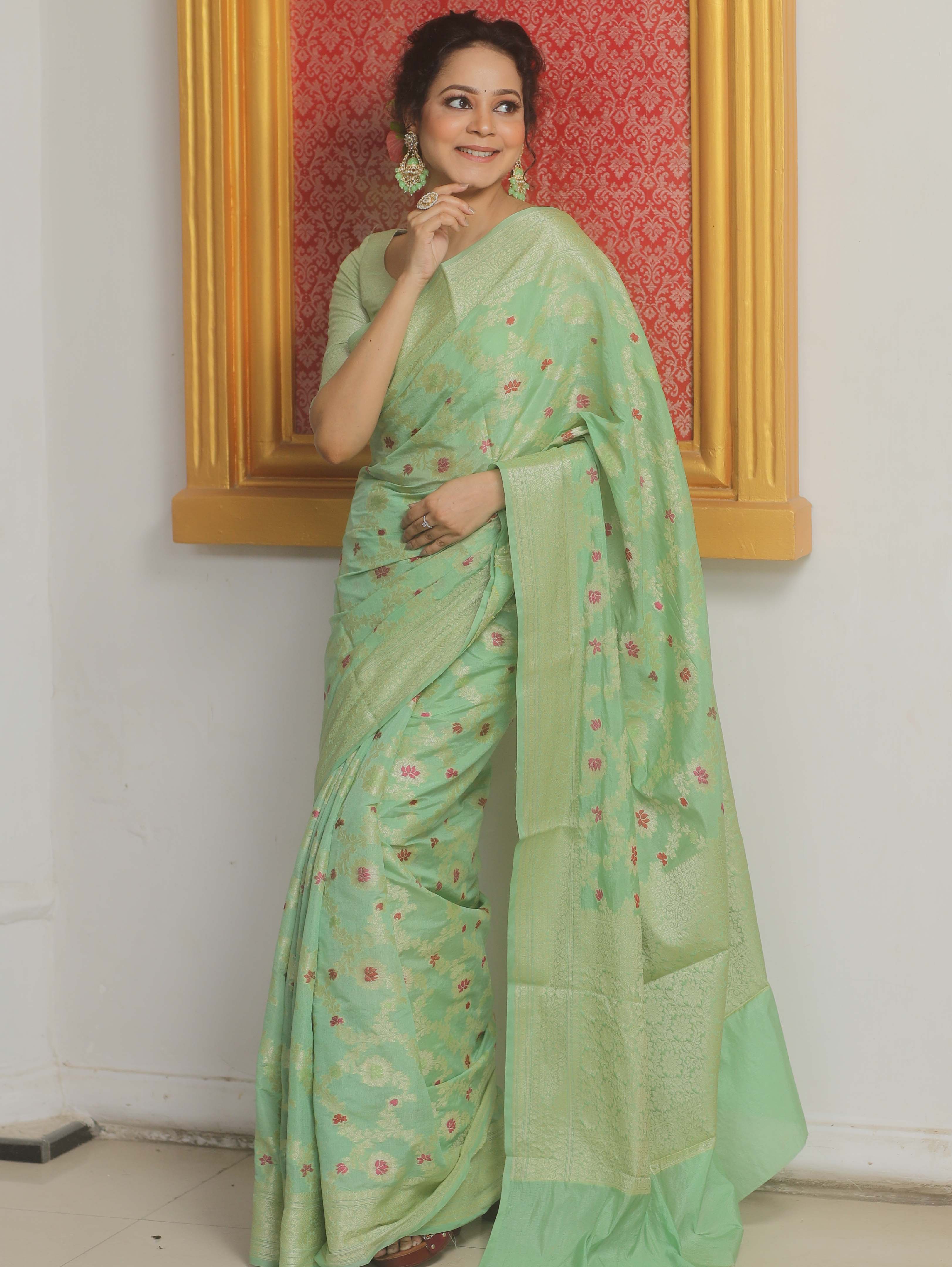 Banarasee Cotton Silk Saree Zari Jaal Design & Border-Light Green