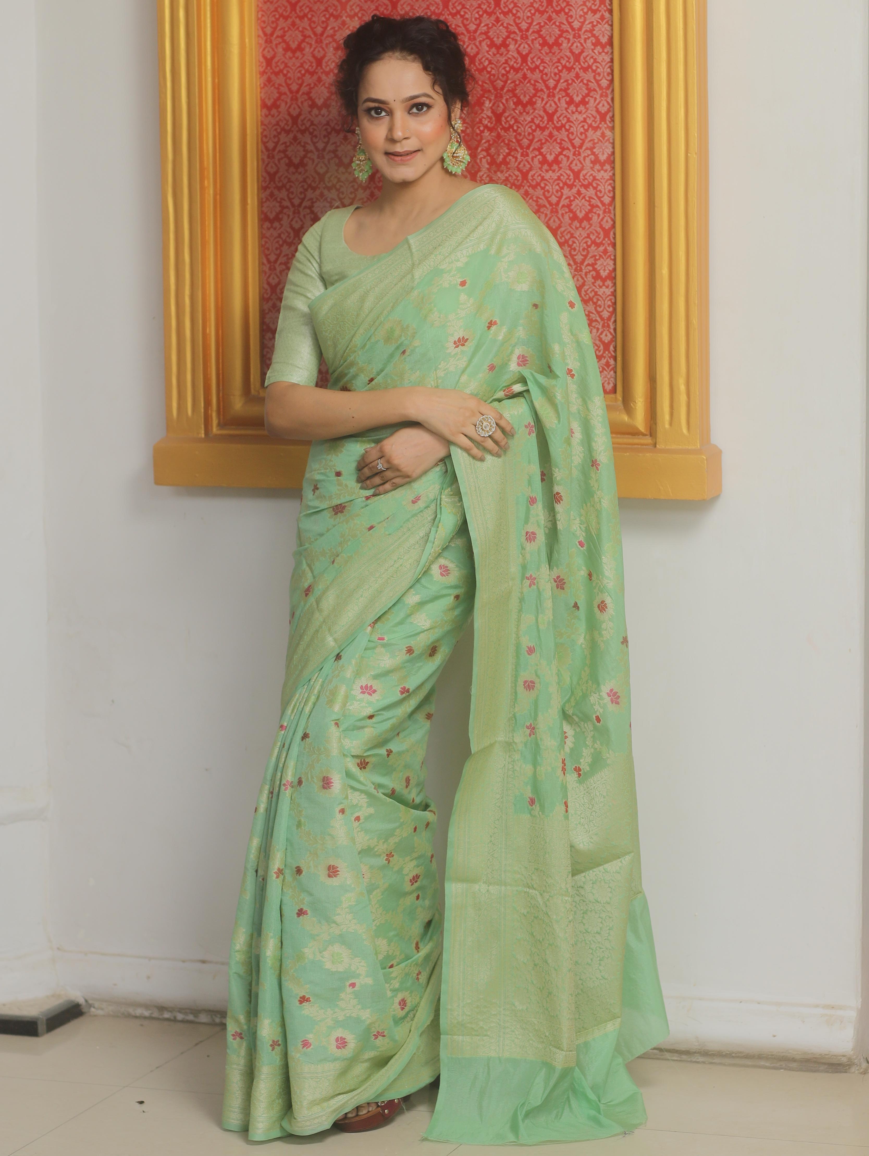 Banarasee Cotton Silk Saree Zari Jaal Design & Border-Light Green