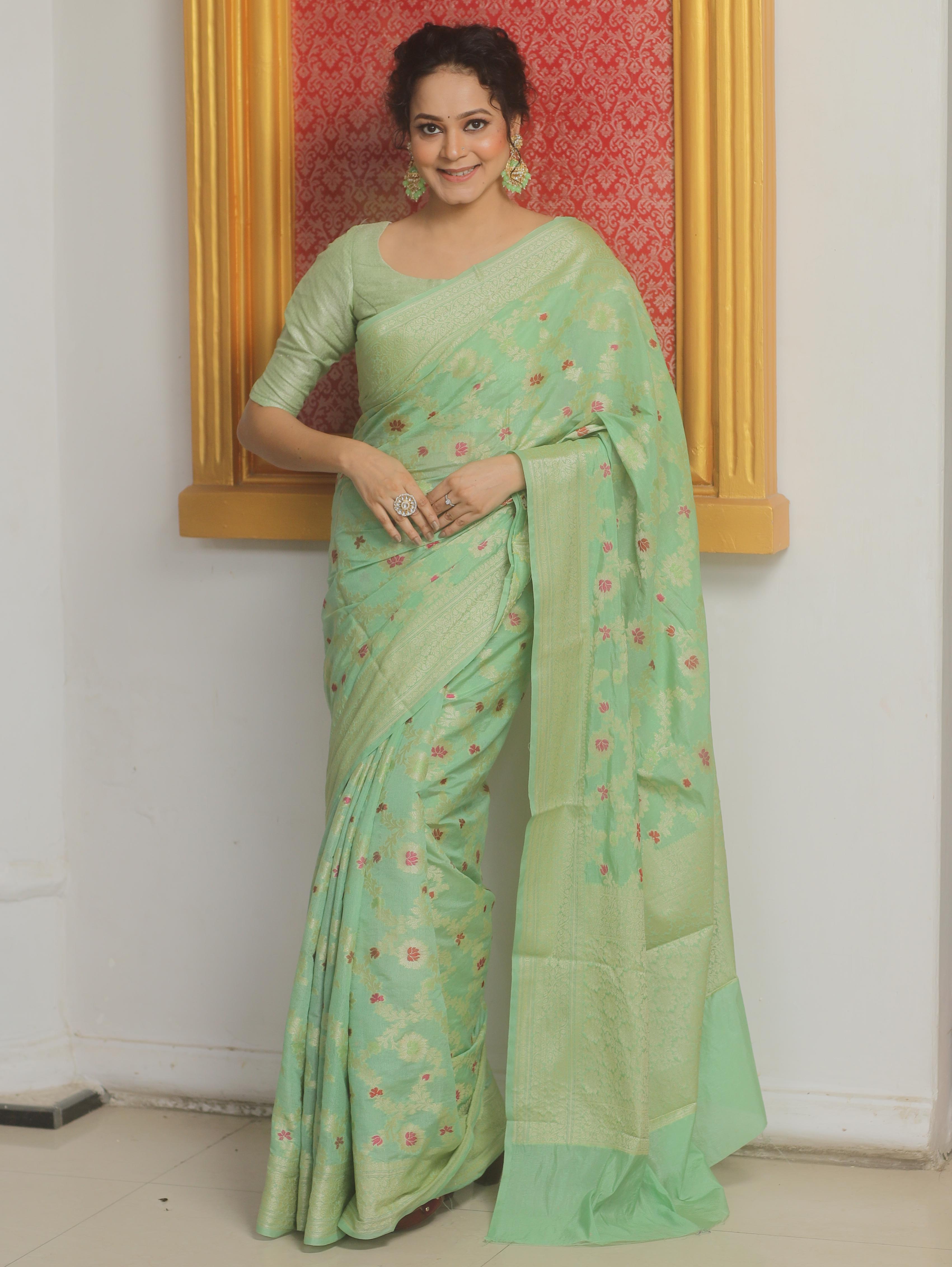 Banarasee Cotton Silk Saree Zari Jaal Design & Border-Light Green