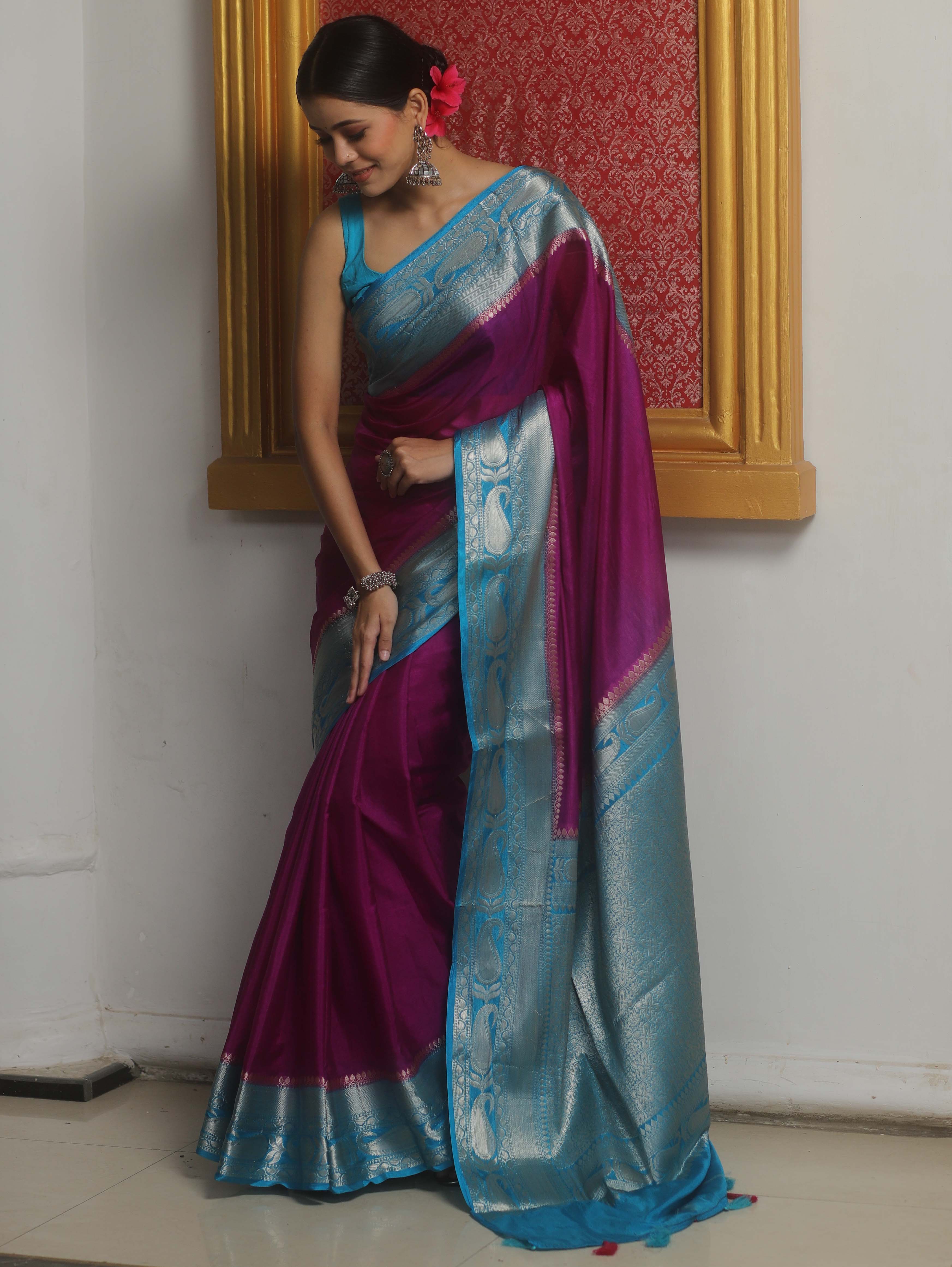 Banarasee Handwoven Plain Semi Silk Saree With Contrast Zari Border-Magenta & Blue