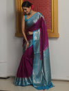 Banarasee Handwoven Plain Semi Silk Saree With Contrast Zari Border-Magenta & Blue