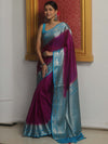 Banarasee Handwoven Plain Semi Silk Saree With Contrast Zari Border-Magenta & Blue