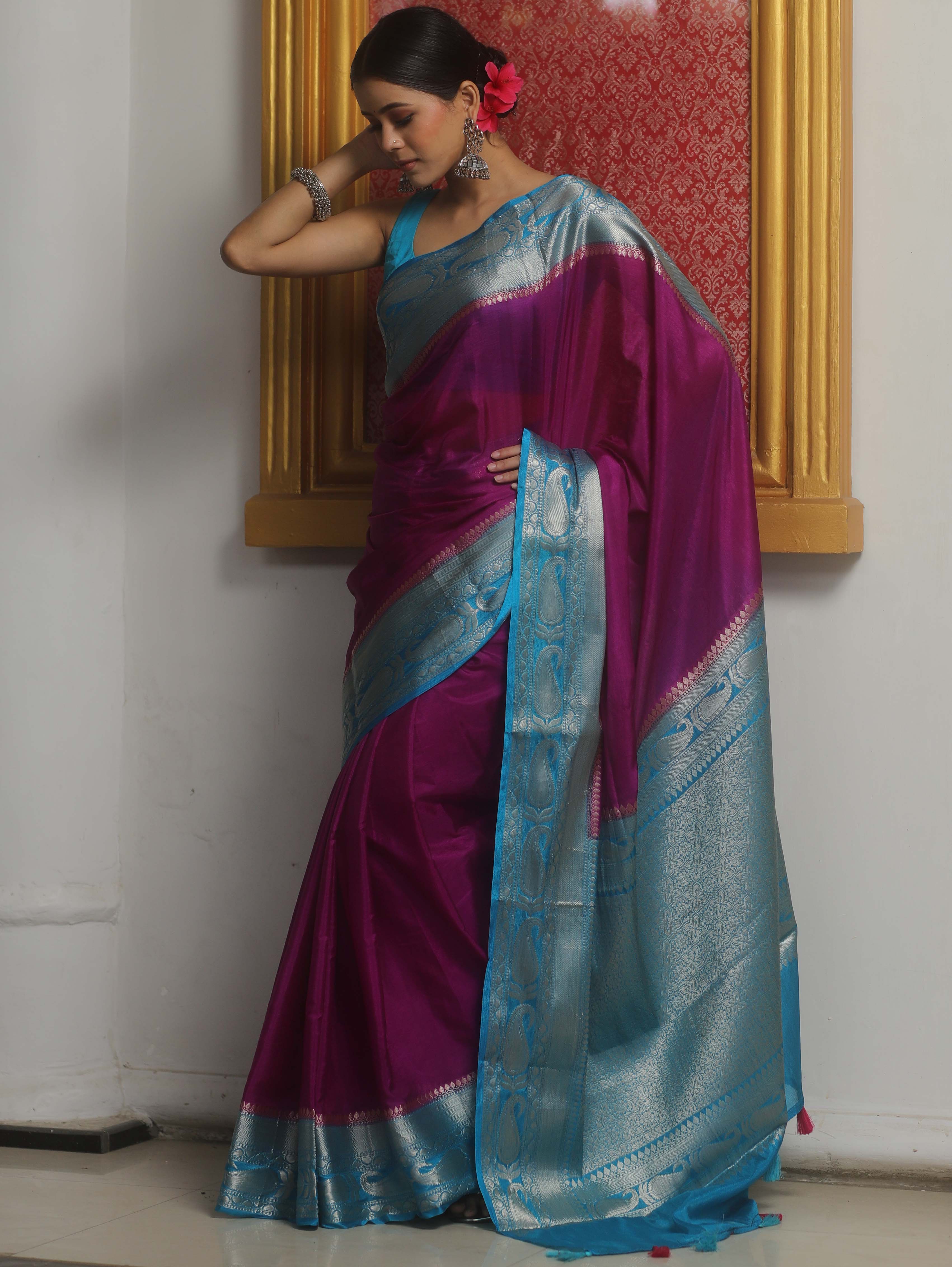 Banarasee Handwoven Plain Semi Silk Saree With Contrast Zari Border-Magenta & Blue