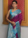 Banarasee Handwoven Plain Semi Silk Saree With Contrast Zari Border-Magenta & Blue