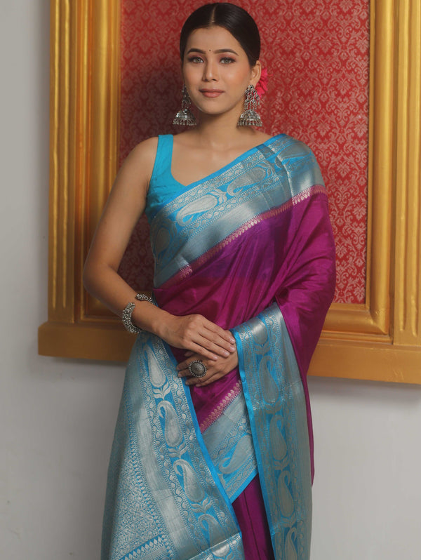 Banarasee Handwoven Plain Semi Silk Saree With Contrast Zari Border-Magenta & Blue