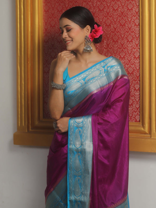 Banarasee Handwoven Plain Semi Silk Saree With Contrast Zari Border-Magenta & Blue