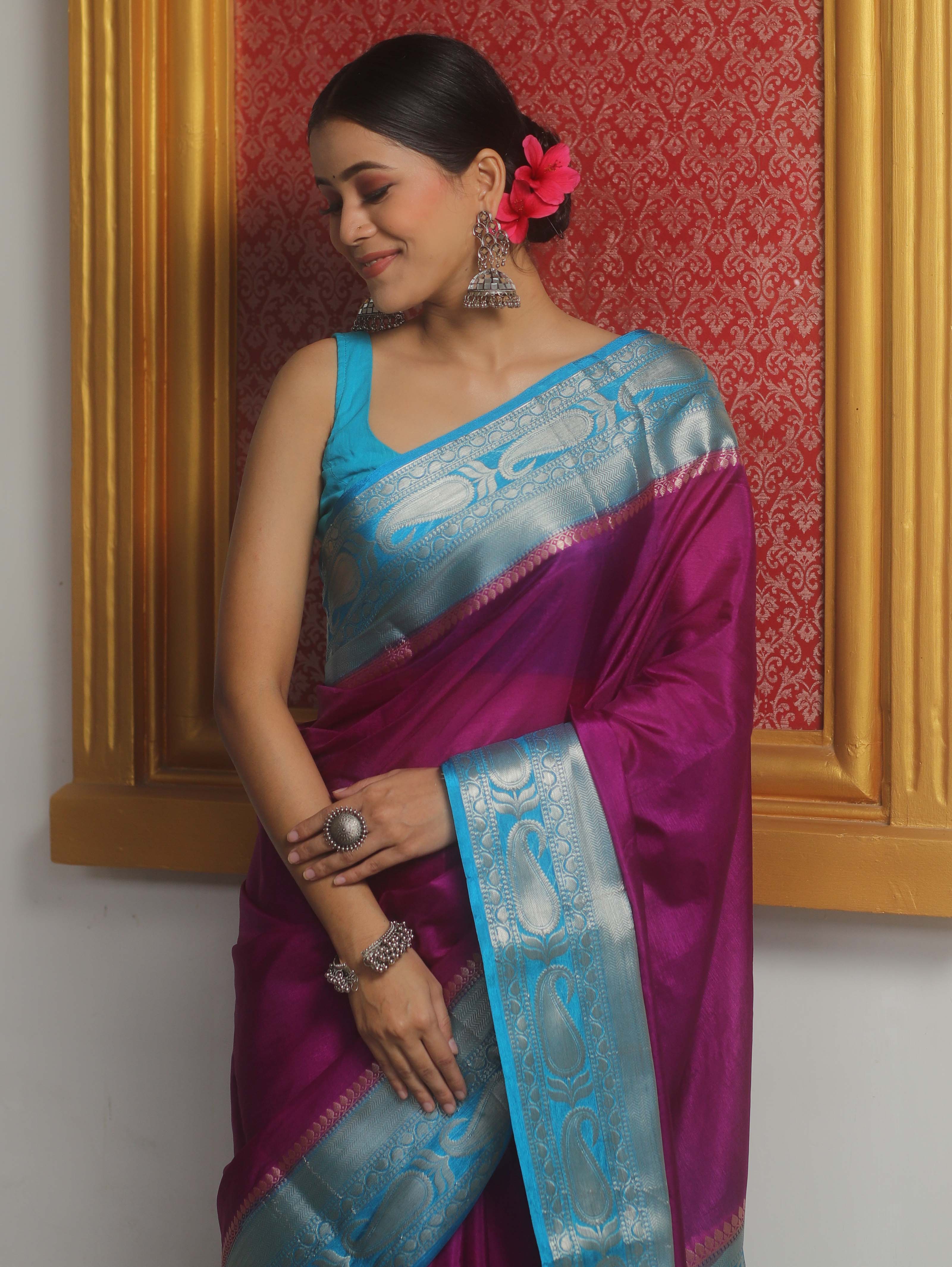 Banarasee Handwoven Plain Semi Silk Saree With Contrast Zari Border-Magenta & Blue