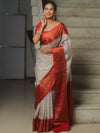 Banarasee Georgette Saree With Zari Work & Contrast Border-White & Red