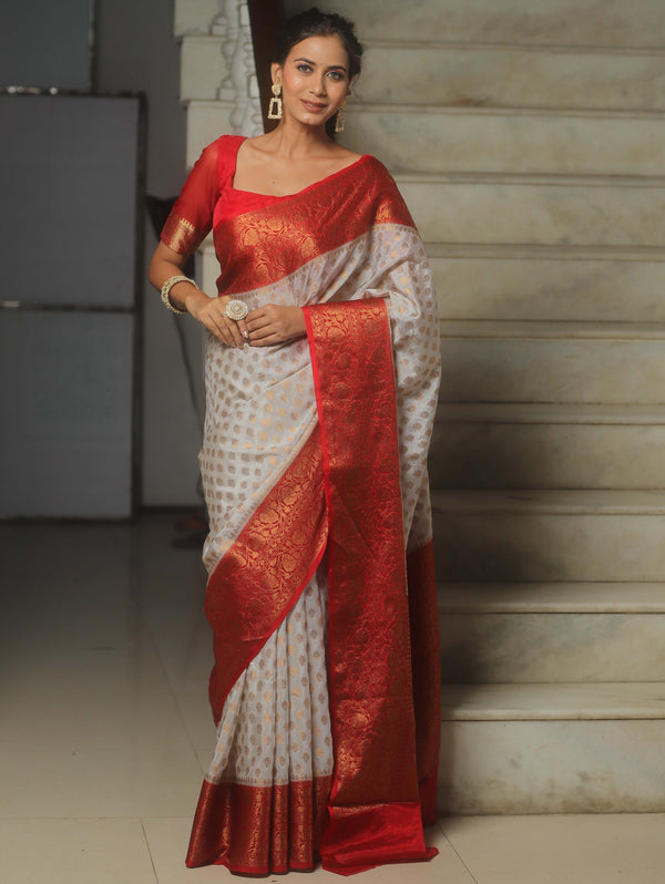 Banarasee Georgette Saree With Zari Work & Contrast Border-White & Red