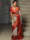 Banarasee Georgette Saree With Zari Work & Contrast Border-White & Red