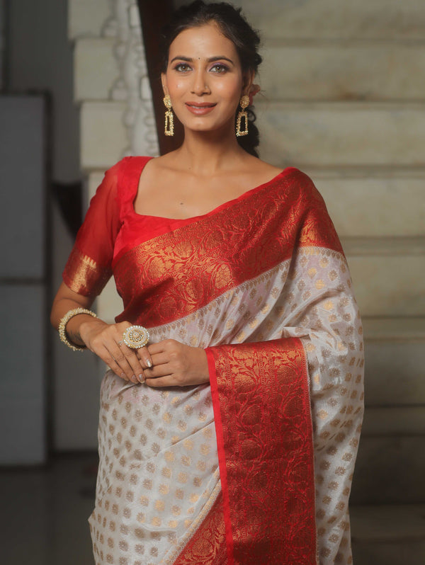 Banarasee Georgette Saree With Zari Work & Contrast Border-White & Red