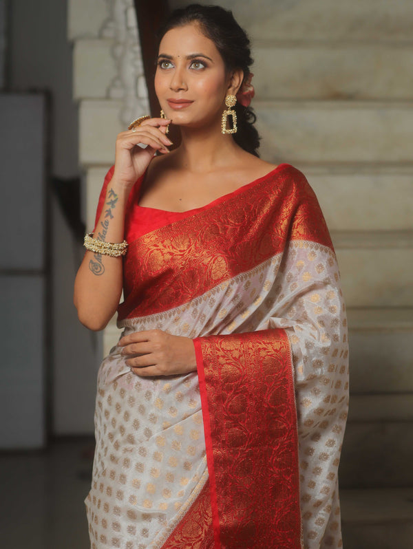 Banarasee Georgette Saree With Zari Work & Contrast Border-White & Red