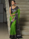 Banarasee Handwoven Plain Semi Silk Saree With Contrast Zari Border-Light Green & Blue