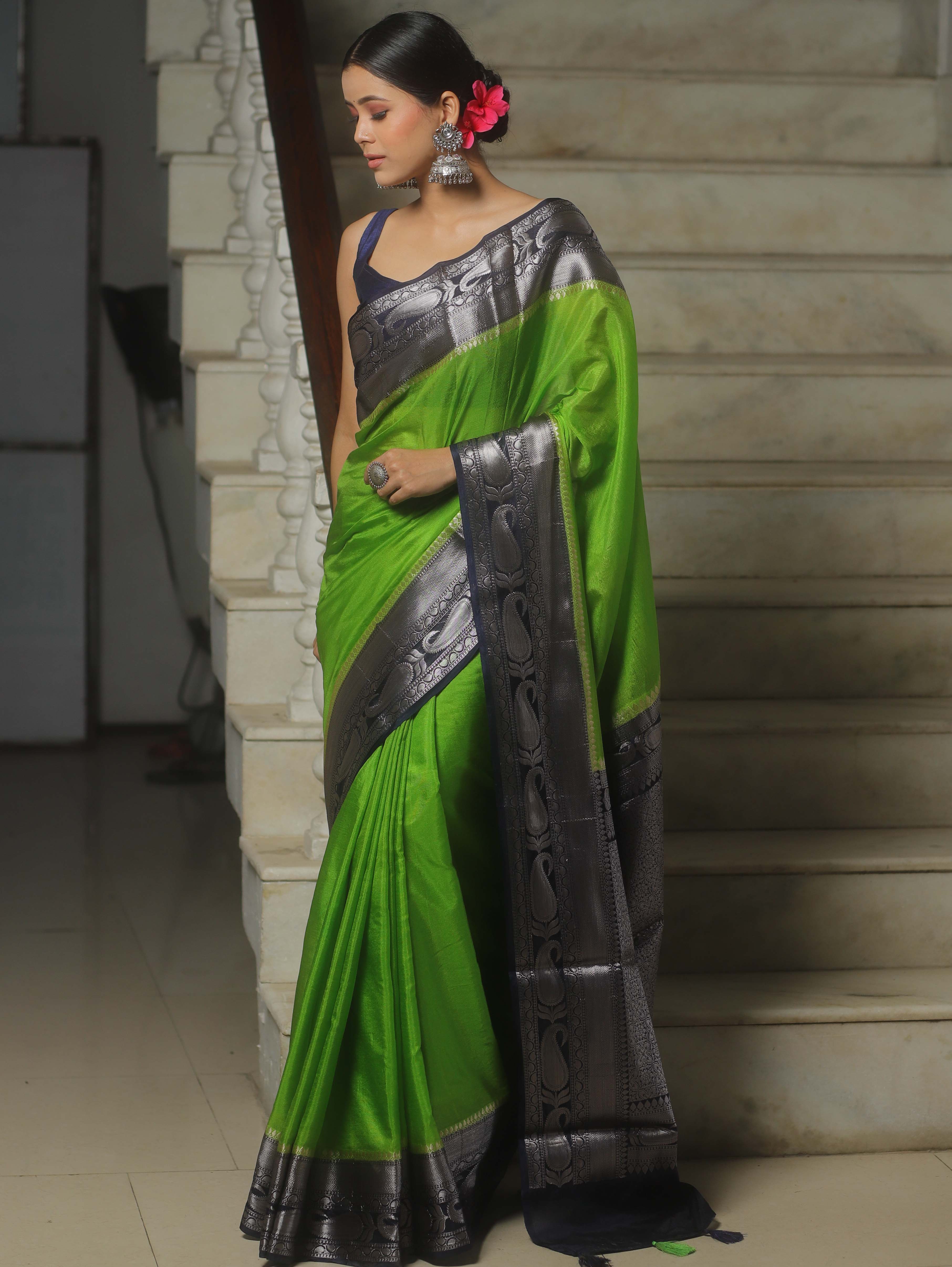 Banarasee Handwoven Plain Semi Silk Saree With Contrast Zari Border-Light Green & Blue