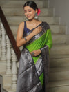 Banarasee Handwoven Plain Semi Silk Saree With Contrast Zari Border-Light Green & Blue