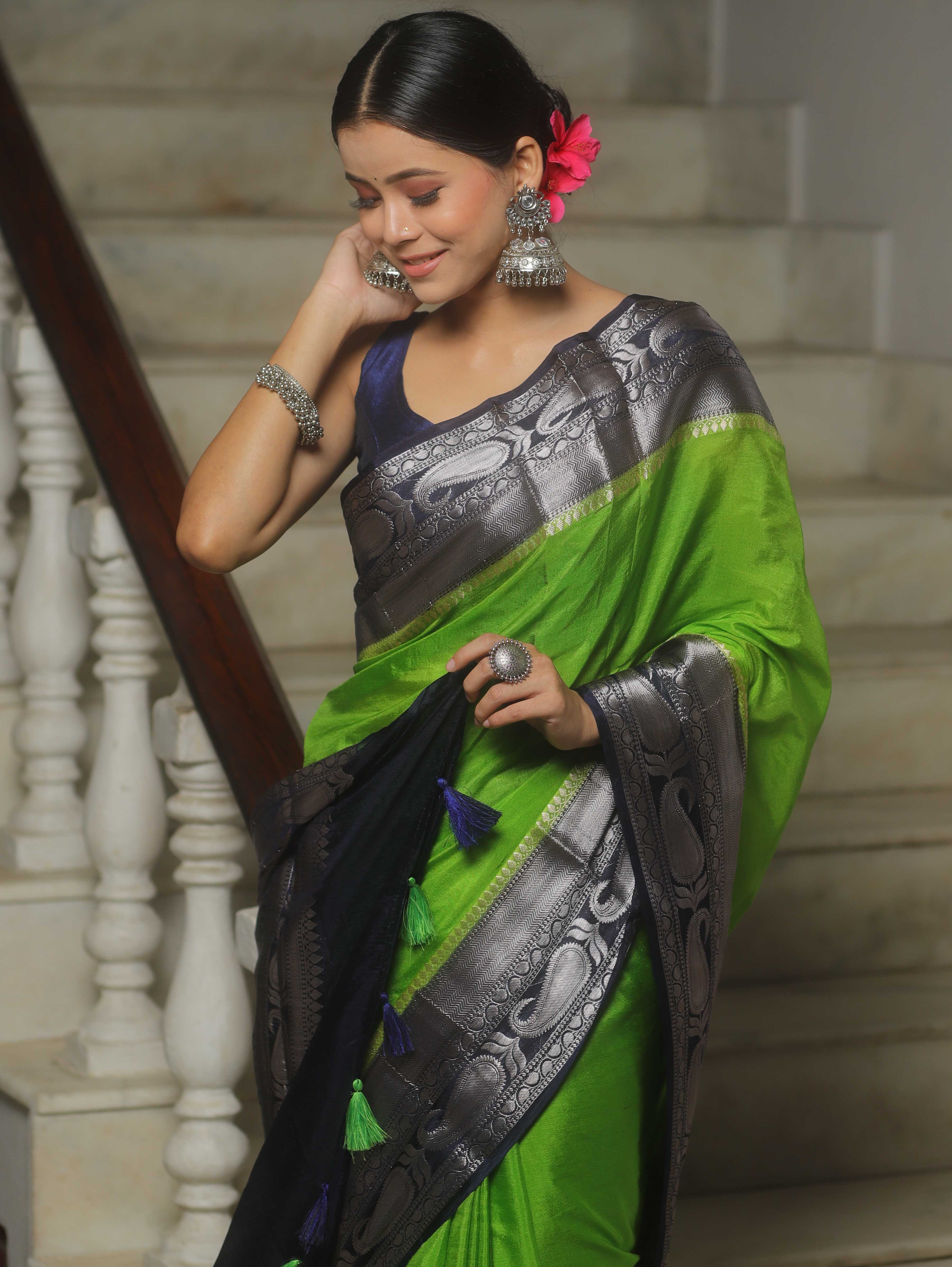 Banarasee Handwoven Plain Semi Silk Saree With Contrast Zari Border-Light Green & Blue