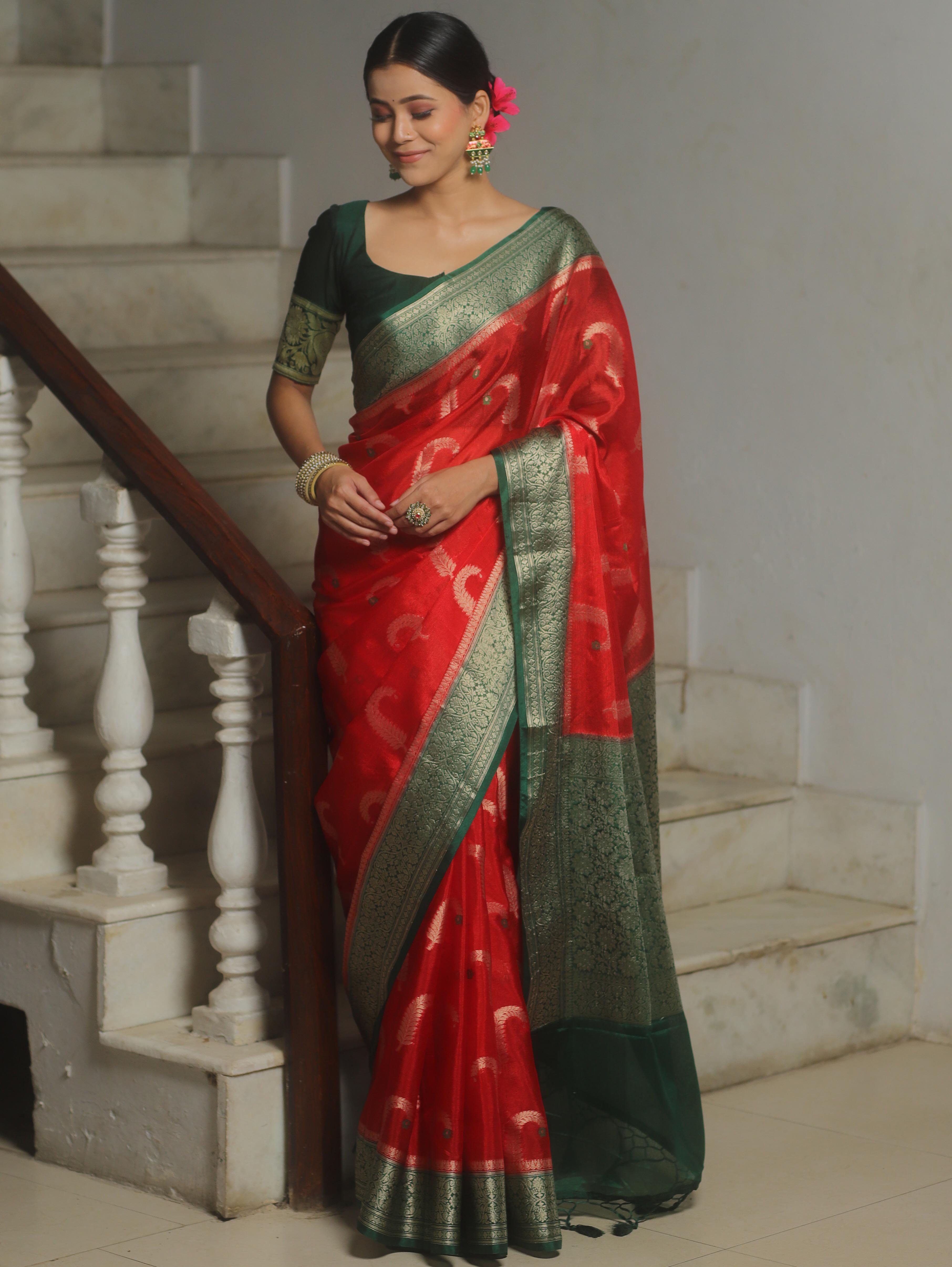 Banarasee Handwoven Semi Silk Saree With Contrast Zari Border-Red & Green