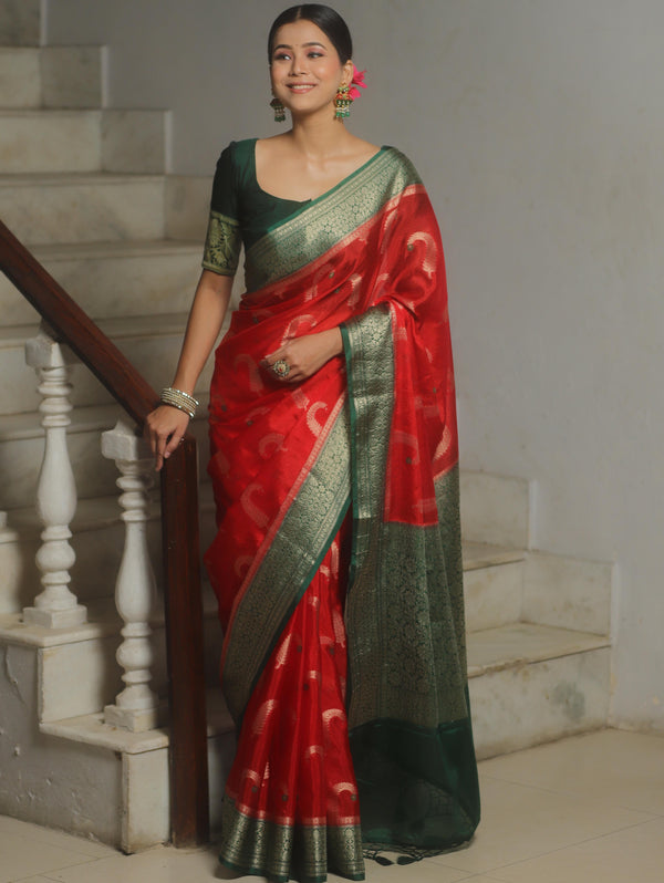 Banarasee Handwoven Semi Silk Saree With Contrast Zari Border-Red & Green