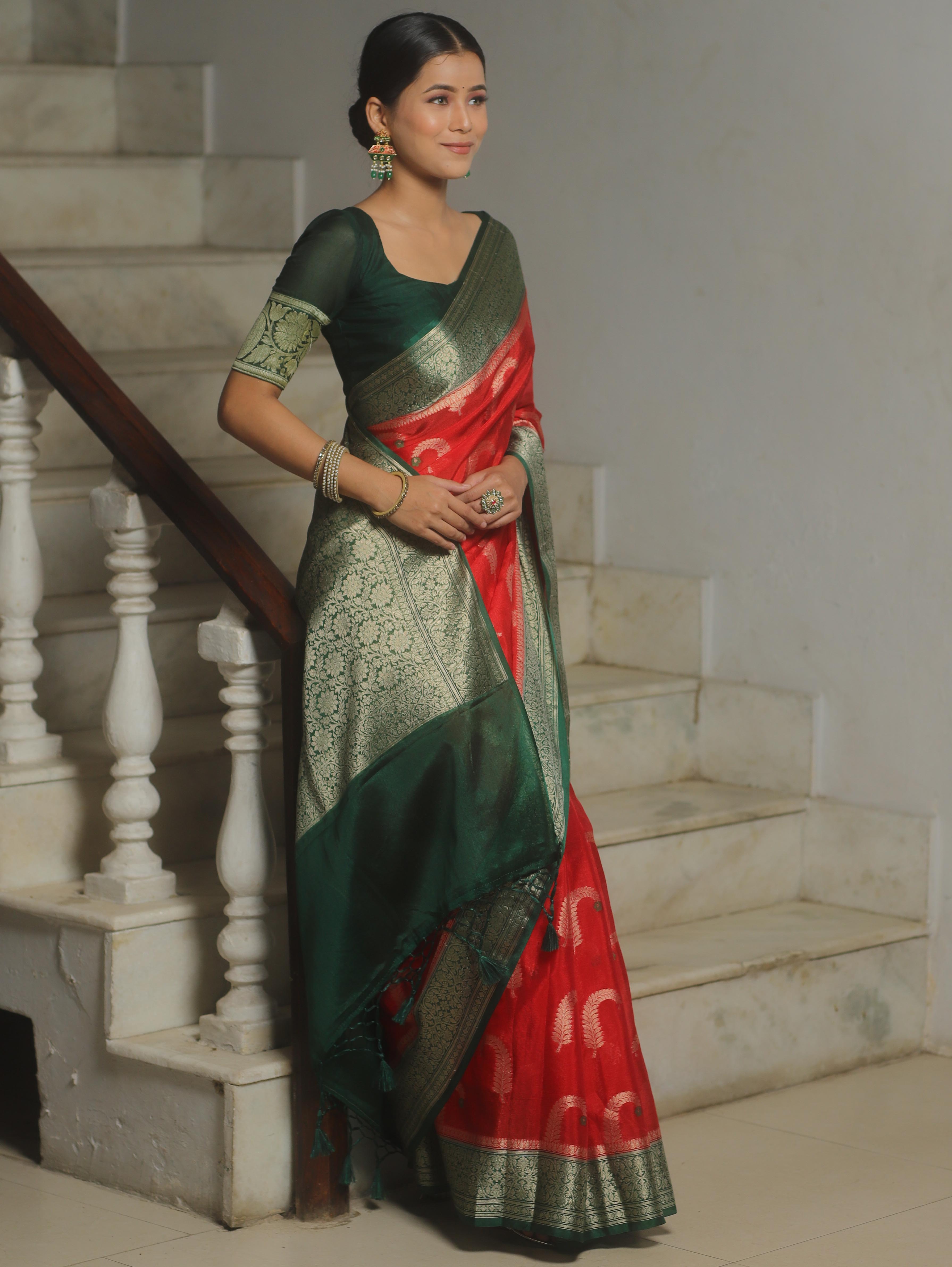 Banarasee Handwoven Semi Silk Saree With Contrast Zari Border-Red & Green