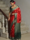 Banarasee Handwoven Semi Silk Saree With Contrast Zari Border-Red & Green